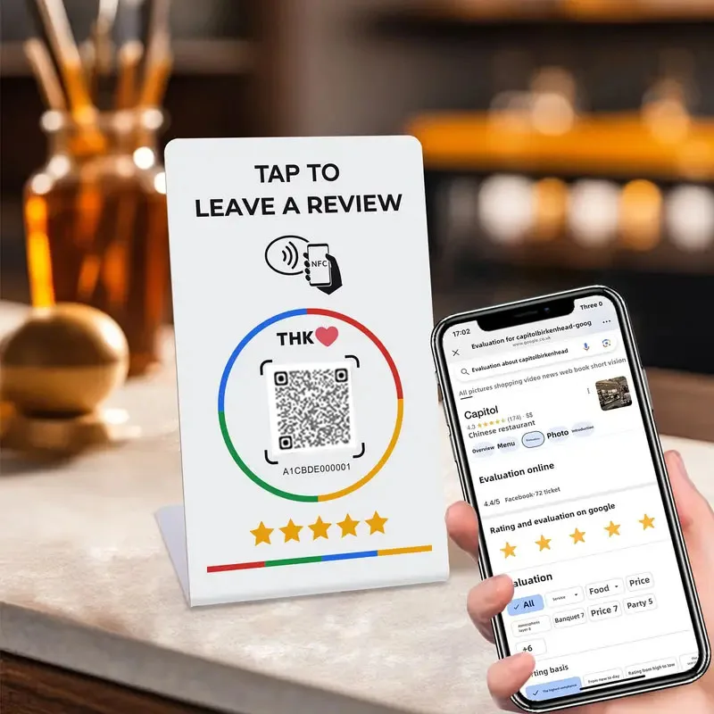 13.56Mhz programmable Google Review Card NFC station table NFC Google Reviews display bending card standing brand bracket