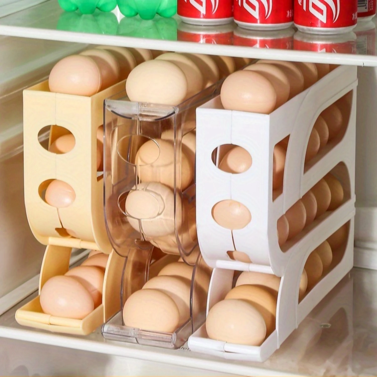 

Plastic Egg Holder with Rolling Dispenser, 4-Tier Stackable Egg Organizer for Refrigerator, Automatic Rolling Egg Container for