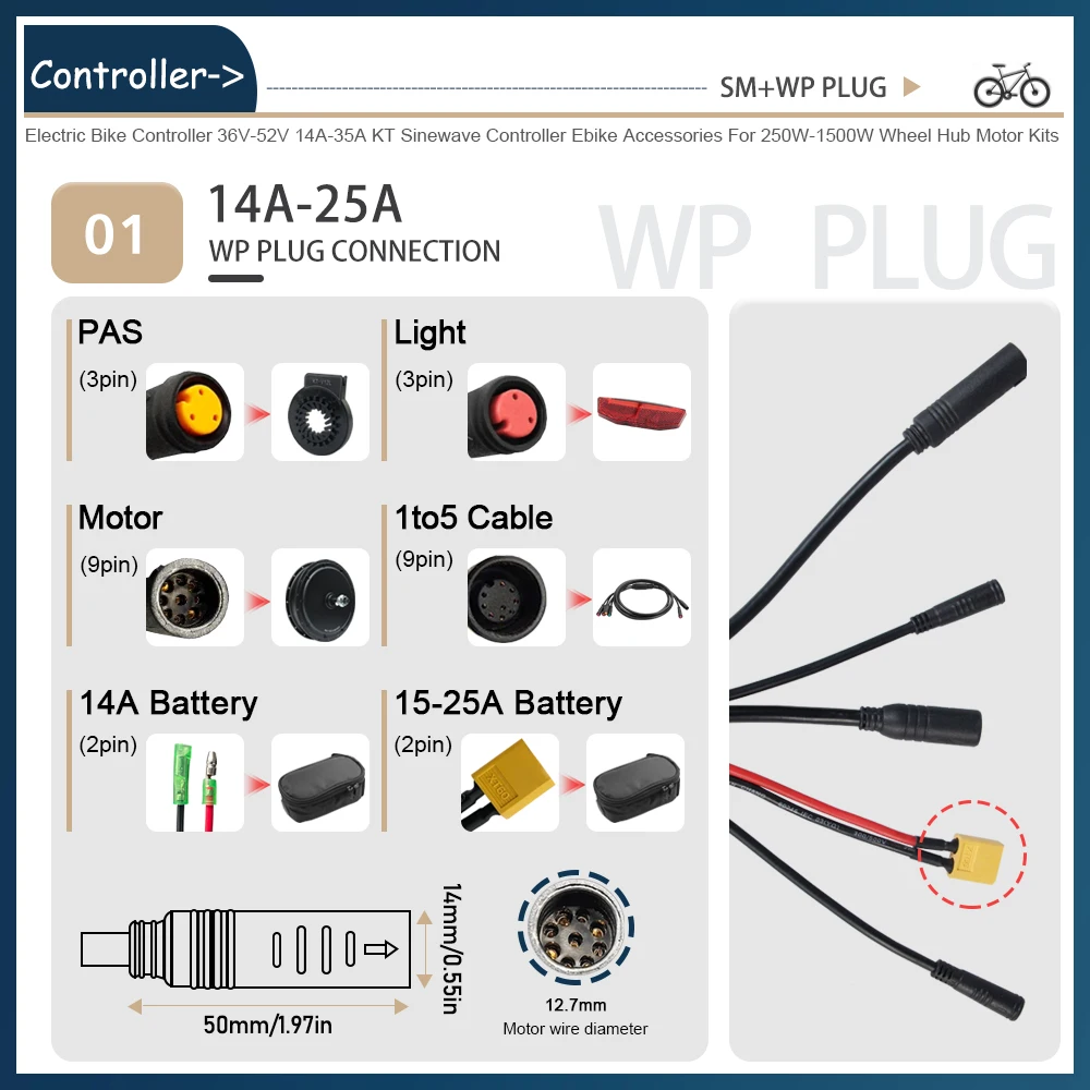 Ebike KT Sine Wave Controller 36V/48V Waterproof Brushless with Light Function 14A-35A With LCD8H Display For Ebike Accessories