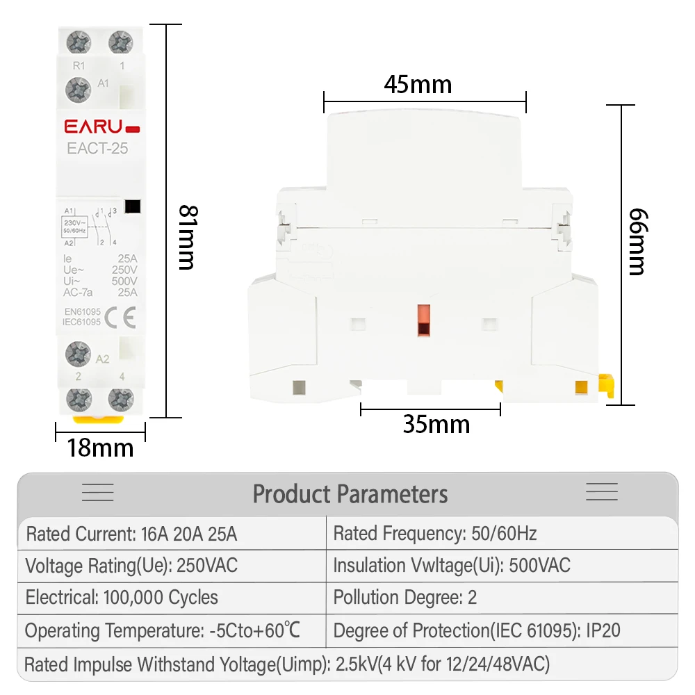 2P 16A 20A 25A 1NO 1NC 2NO 2NC AC 220V 230V 50/60Hz Din Rail Mounted Household Modular AC Contactor for Smart Home House Hotel