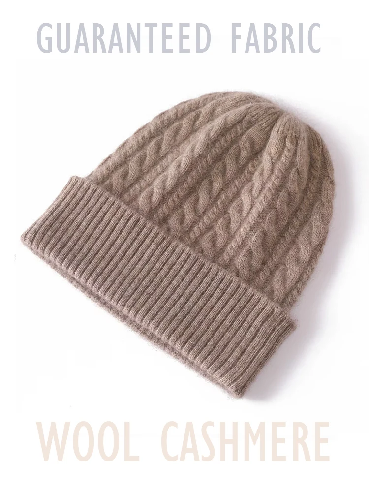 35% Cashmere Blend Thick Vintage Cable Beanies Women Solid Ribbed Hem Soft Knitted Cap Hat Wool Autumn Winter Warm Skull Caps