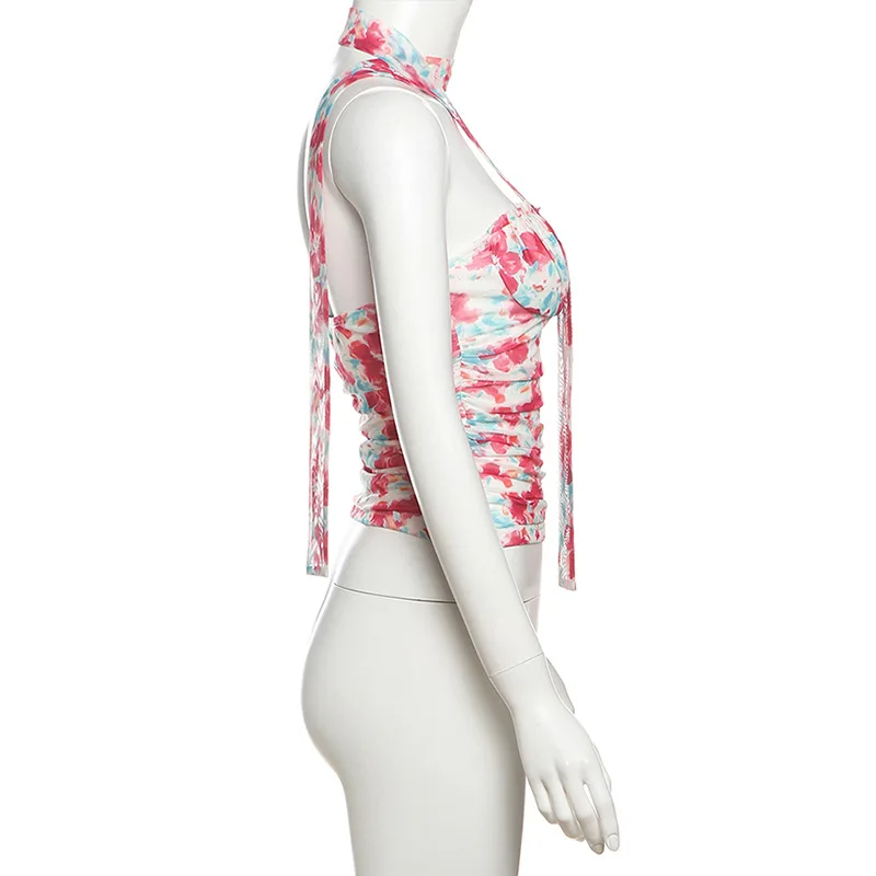 2025  cross-border new neck slim backless versatile contrasting color printed sleeveless top women