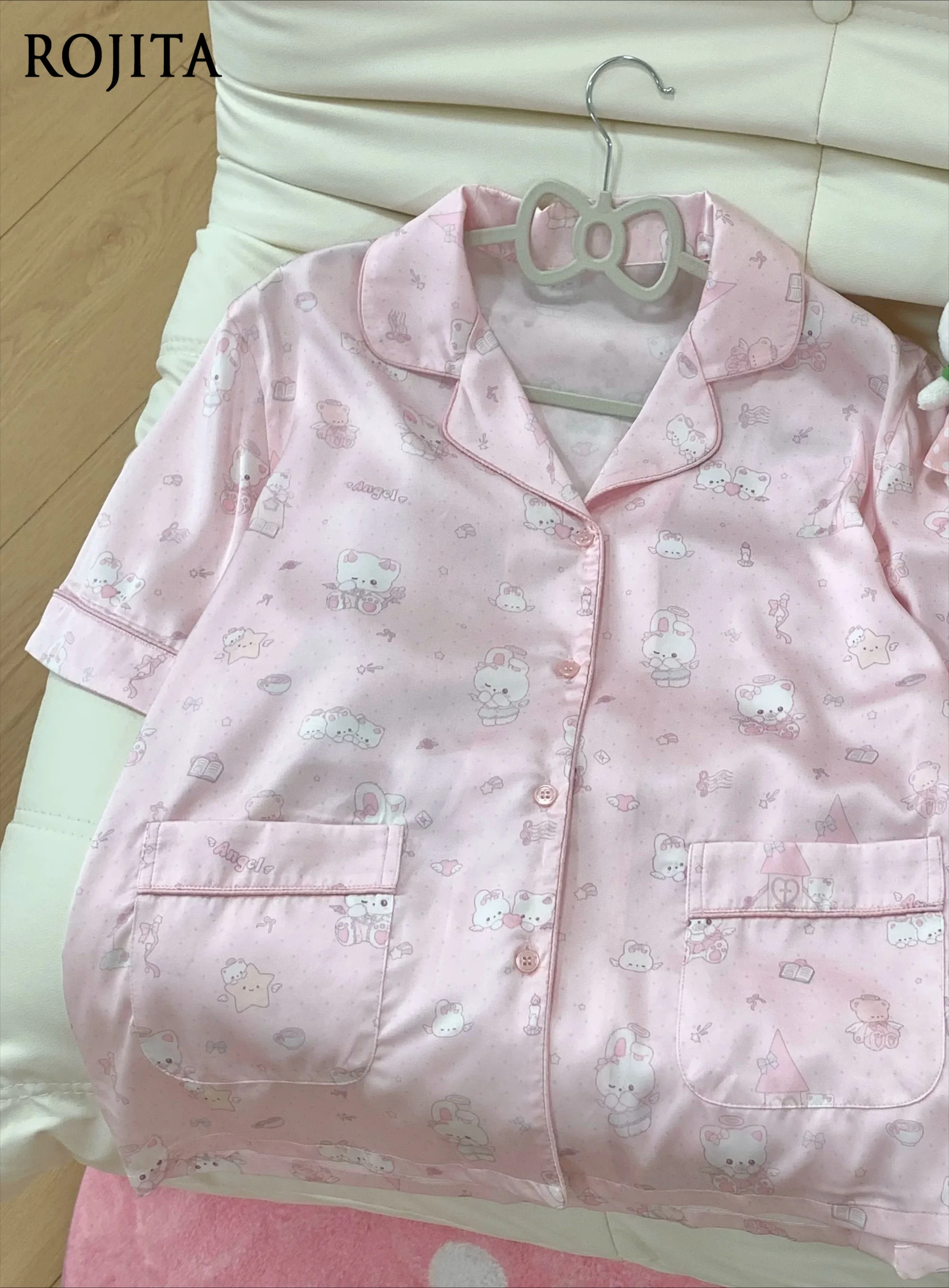 Cute Cartoon Girl Silk Pajamas Summer Short-sleeved Loungewear Women's Kawaii Bear Print Pajama Set Soft Loungewear Nightwear