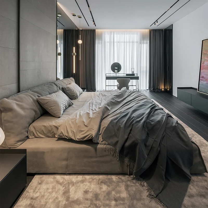 

Italian designer queen bed master bed double soft bag big Paris villa matte leather bed