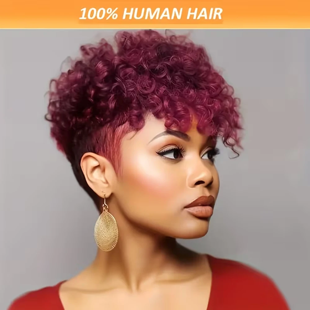 باروكات مجعدة باللون العنابي، باروكة شعر بشري قصيرة بقص عابث مع غرة للنساء، شعر برازيلي مصنوع آليًا، شعر مستعار مستقيم أسود طبيعي #1