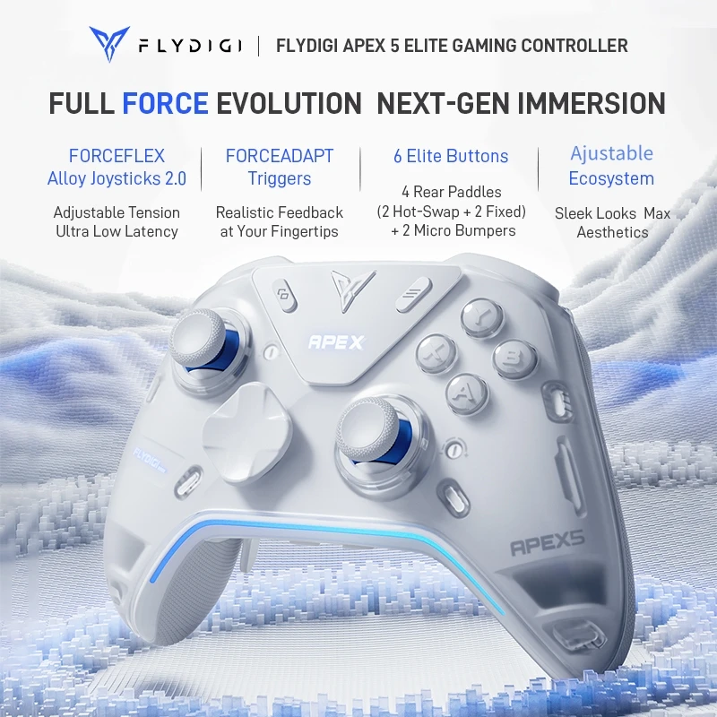 

Беспроводной игровой контроллер Flydigi Apex 5 ELITE с функцией Force Feedback Trigger 2.0, световой панелью Inspired Light Bar, зарядной базой Dot-Matrix RGB, A