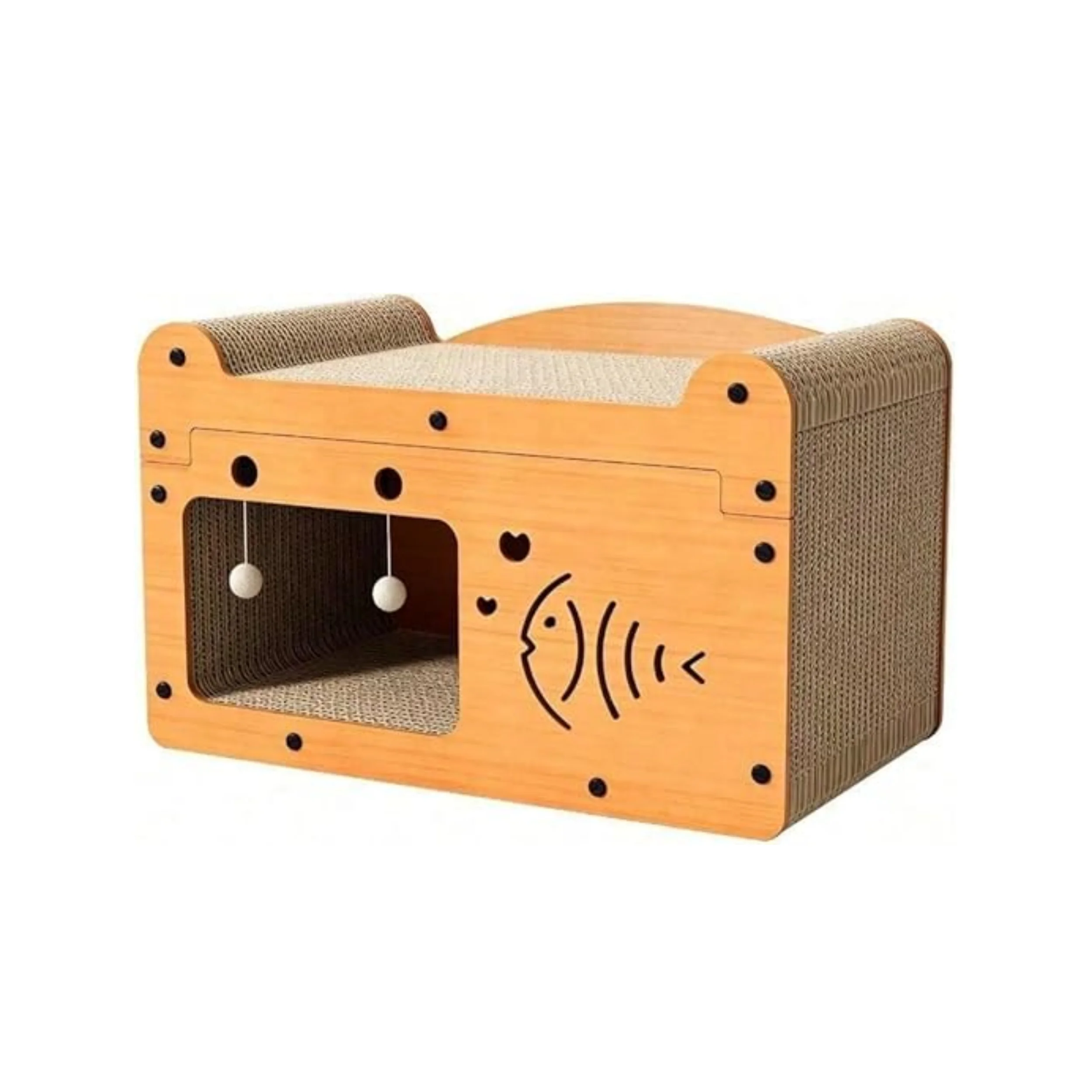 

Деревянный домик-когтеточка для кошек с подвесными шариками, многофункциональная когтеточка-лежанка для отдыха, игр, защиты мебели