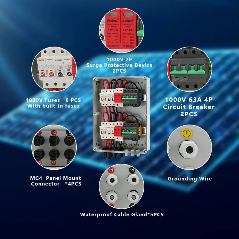 HT 4 in 2 out DC1000V Solar photovoltaic PV Combiner Box With Lightning Protection 32A Fuse MCB SPD Waterproof IP65 Distribution