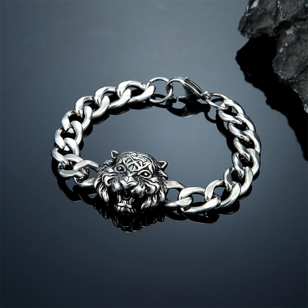 Men's Gothic Viking Lion Tiger Leopard Bracelet Stainless Steel Punk Cuba Chain Bangle Vintage Norse Scandinavian Jewelry  Gift