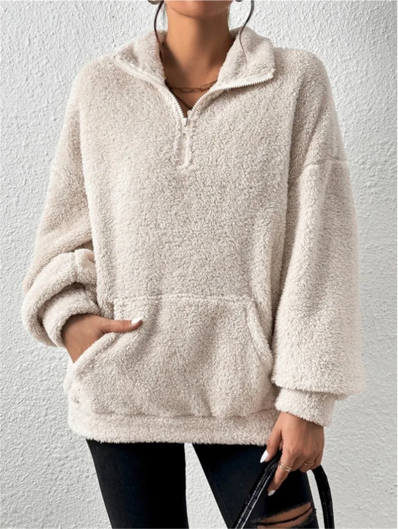 2026 Autumn Winter New Plush Thick Women's Stand Up Collar Half Zipper Pullover Fashion Casual Loose Large Pocket Sweatshirt