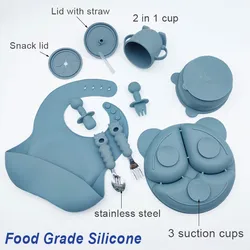 8Pcs Baby Feeding Set Personalized Name Silicone Tableware For Kids Bear Plate Bowl Spoon Fork Customized Children's Tableware