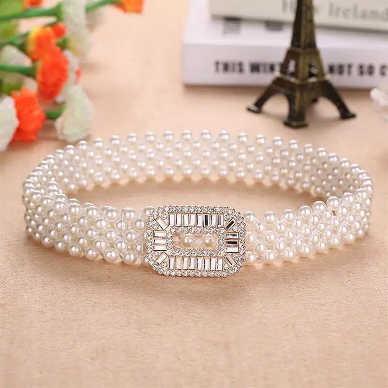 Cinto Elástico de Pérolas para Mulheres, Moda de Verão, Decoração Delicada, Cinto Largo para Vestido, Estilo Coreano Versátil