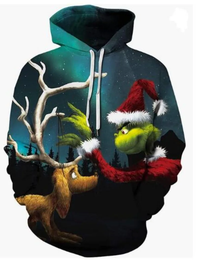 Men’s Ugly Christmas Sweater Novelty 3D Graphic Sweatshirts Hoodie Drawstring Pullover Hoodie with Pocket