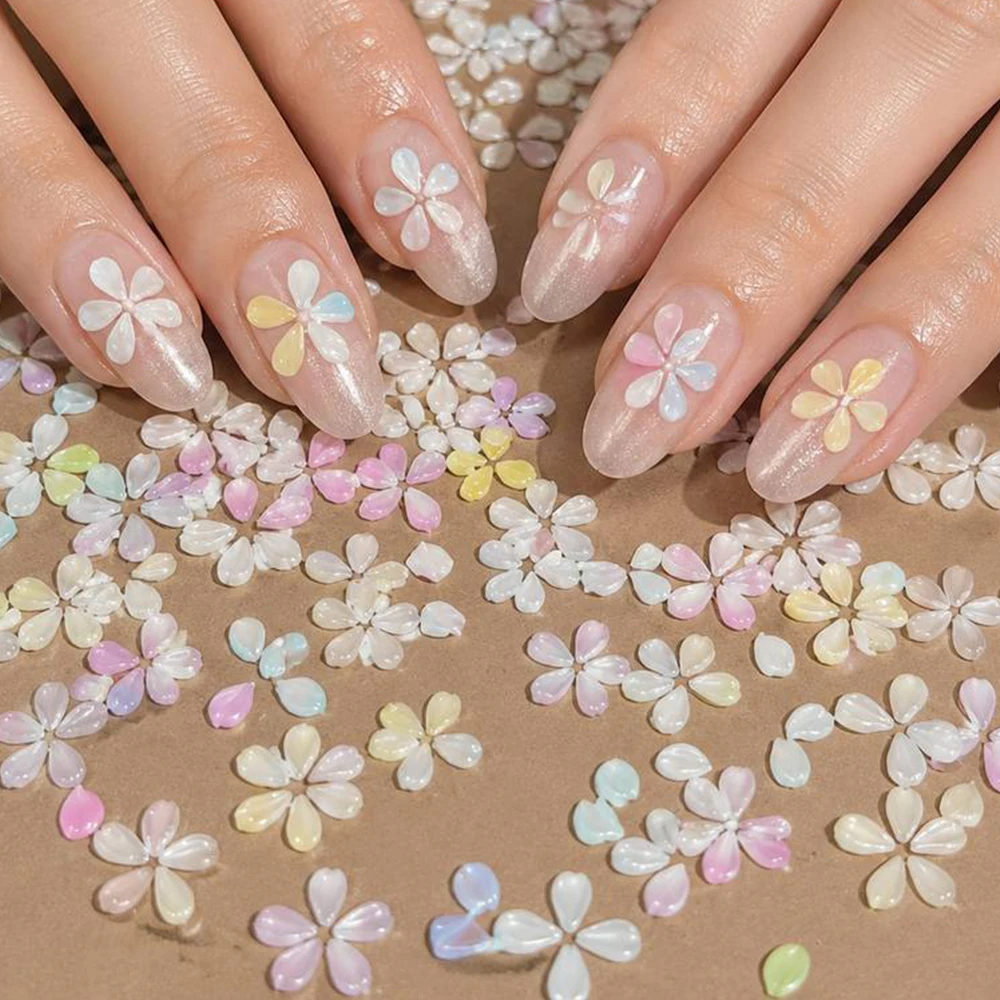 100Pcs Multicolor Aurora 3D Flower Petal Nail Charms Clear Resin Stereoscopic Nail Jewelry DIY Nail Manicure Decor Supplies