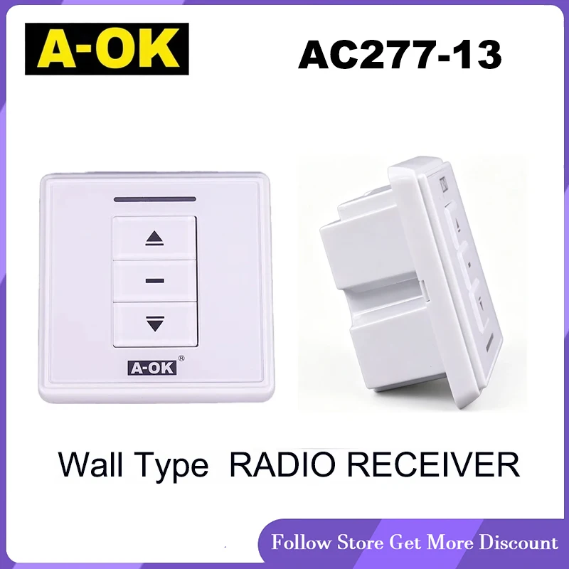A-OK AC227-13 Récepteur radio DC Route, interrupteur mural pour rideaux avec récepteur externe RF433, sortie 100-240VAC 24V/12V
