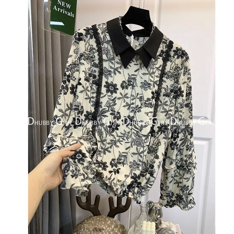 

Vintage Black Printed Long-sleeve Korean Fashion Green Two-Piece Blouse Fly-Sleeve Loose Elegant Tops Shirt