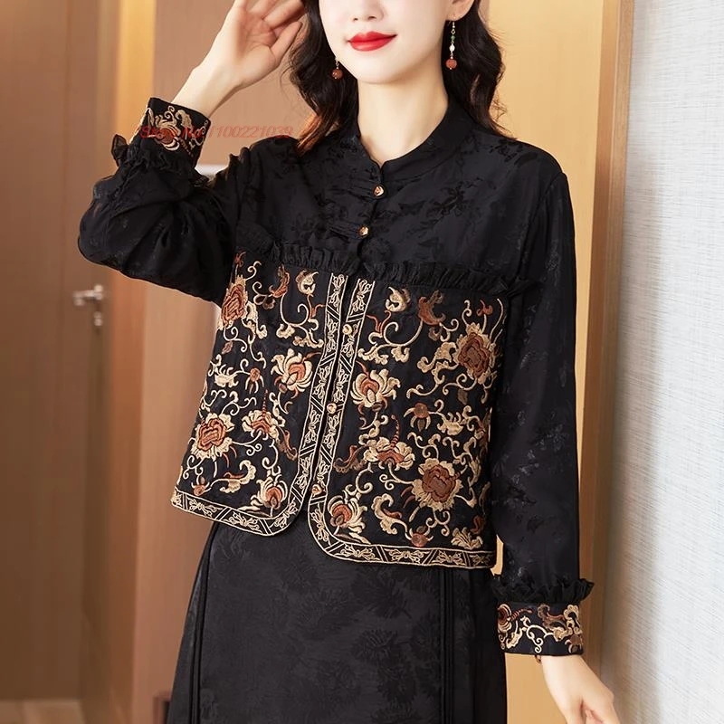 

2024 traditional chinese vintage blouse national flower embroidery satin jacquard blouse vintage tea service hanfu ethnic jacket