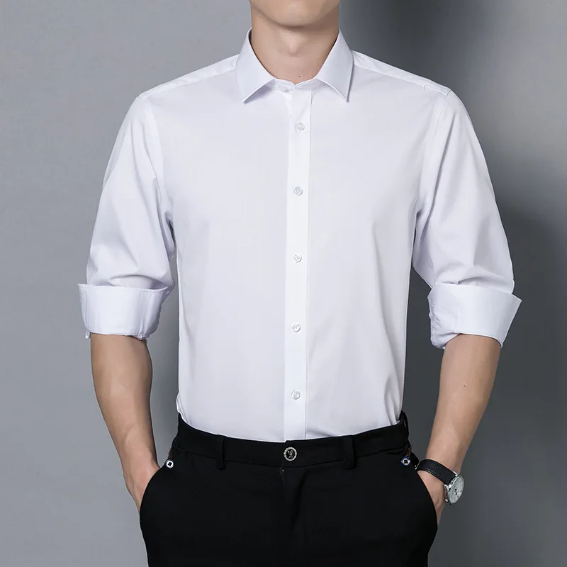 Chemise blanche à manches longues en fibre de bambou pour homme, coupe régulière, formel, affaires, décontracté, quatre saisons, nouveau degré déformable, haut de document solide