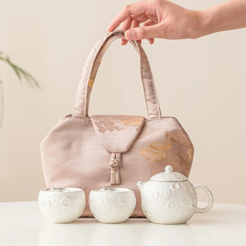 

Wandering Planet Silver Gilded Travel Tea Set Portable Outdoor Car One Pot Two Cups Teapot Teacup Mini