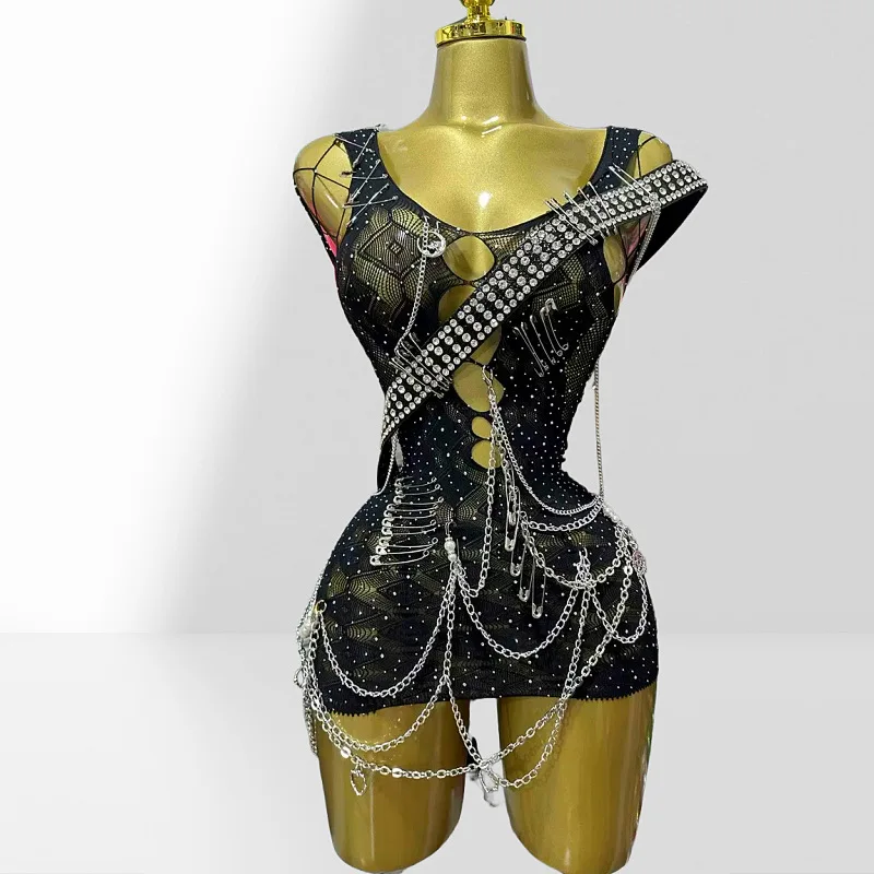

Personalized Design Hollow Pin Belt Black Mesh Jumpsuit Halloween Festival Stage Performance Vest Party Wear Dress For The Women