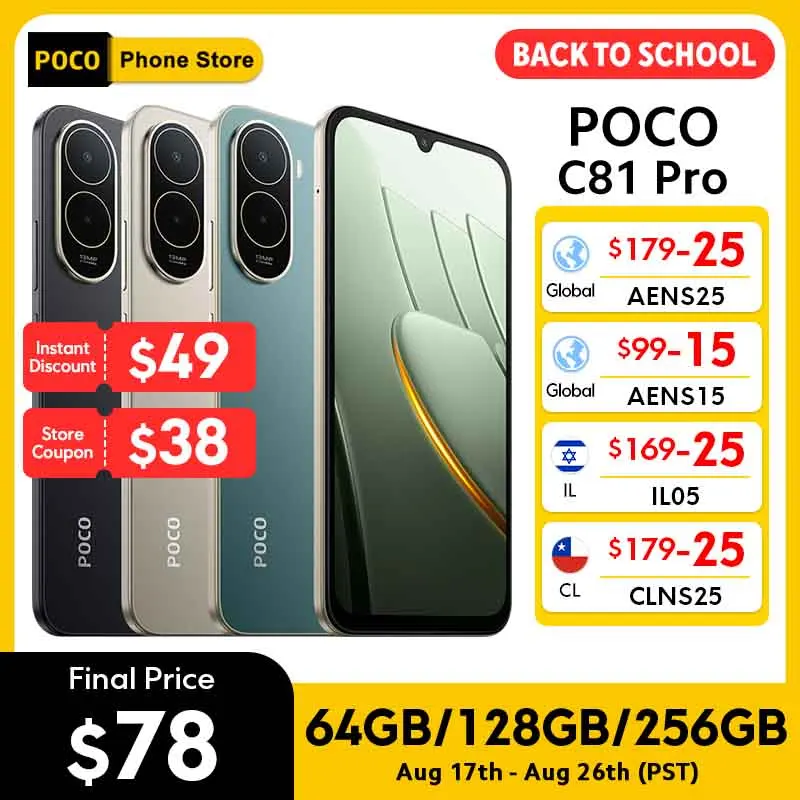 Смартфон POCO C81 Pro, глобальная версия, 6.9-дюймовый дисплей с частотой обновления 120 Гц, аккумулятор 6000 мАч, 15 Вт, камера 13 МП, процессор UNISOC T7250