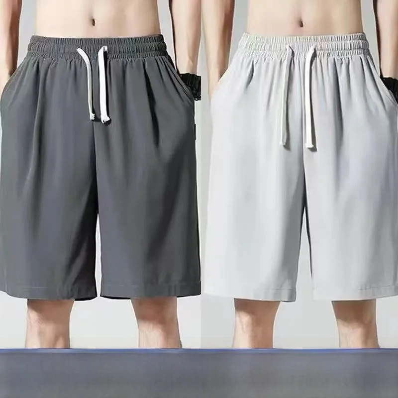 

Мужские летние новые легкие дышащие свободные брюки из ледяного шелка, пляжные брюки с пятью деталями, повседневные универсальные спортивные брюки