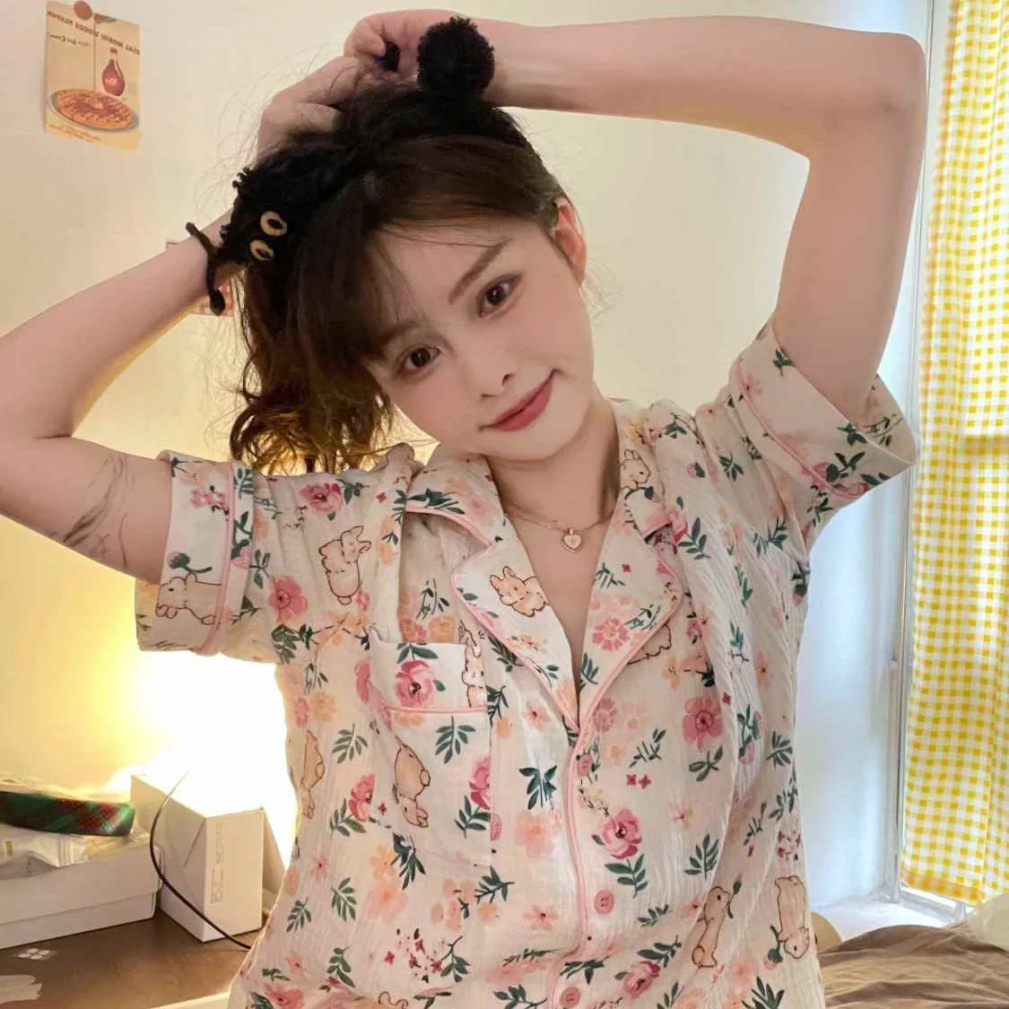 Girls Sweet Pajamas Set Short Sleeves Short Pant Cartoon Animals Print Cute Home Clothing Women Turn Down Collar Loose Sleepwear