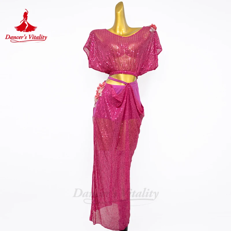 Belly Dance Costume Suit Women\'s Customized V Neck Short Sleeved Top+Split Long Skirt 2ps Oriental Dance Performance Costumes