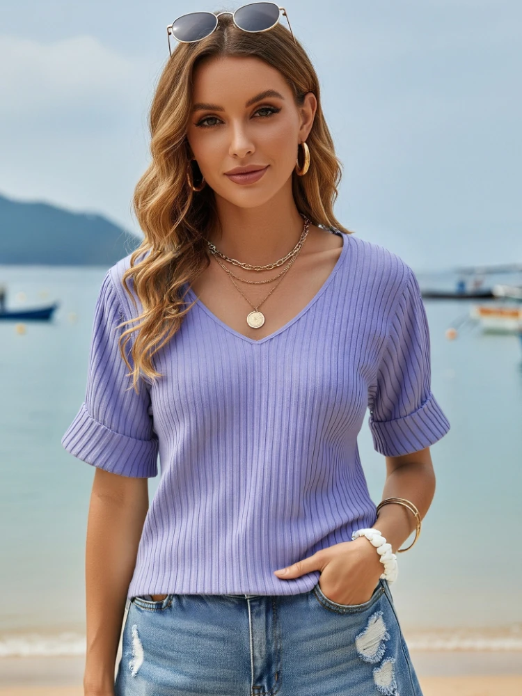 Ladies Camiseta Summer T Shirts Knitted Short Sleeve V-Neck Women T-Shirts 2026 Summer Blue Slim Black Thin Knit Orange Tops