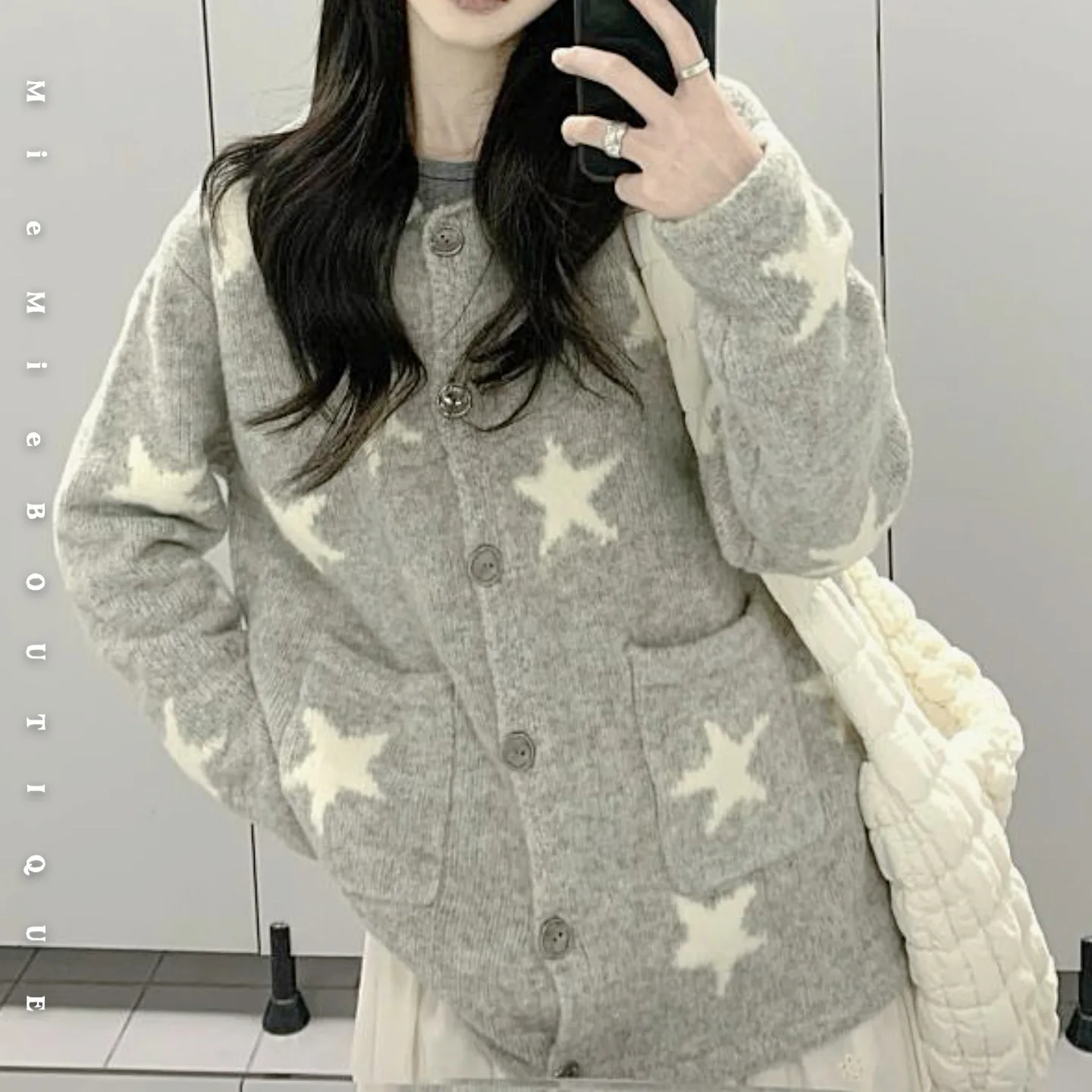 

Thiened Long Sve Knitted Cardigan Star Piing Small Suit Hoodie Open Cardigan ket Design Double Sided Fluffy Texture