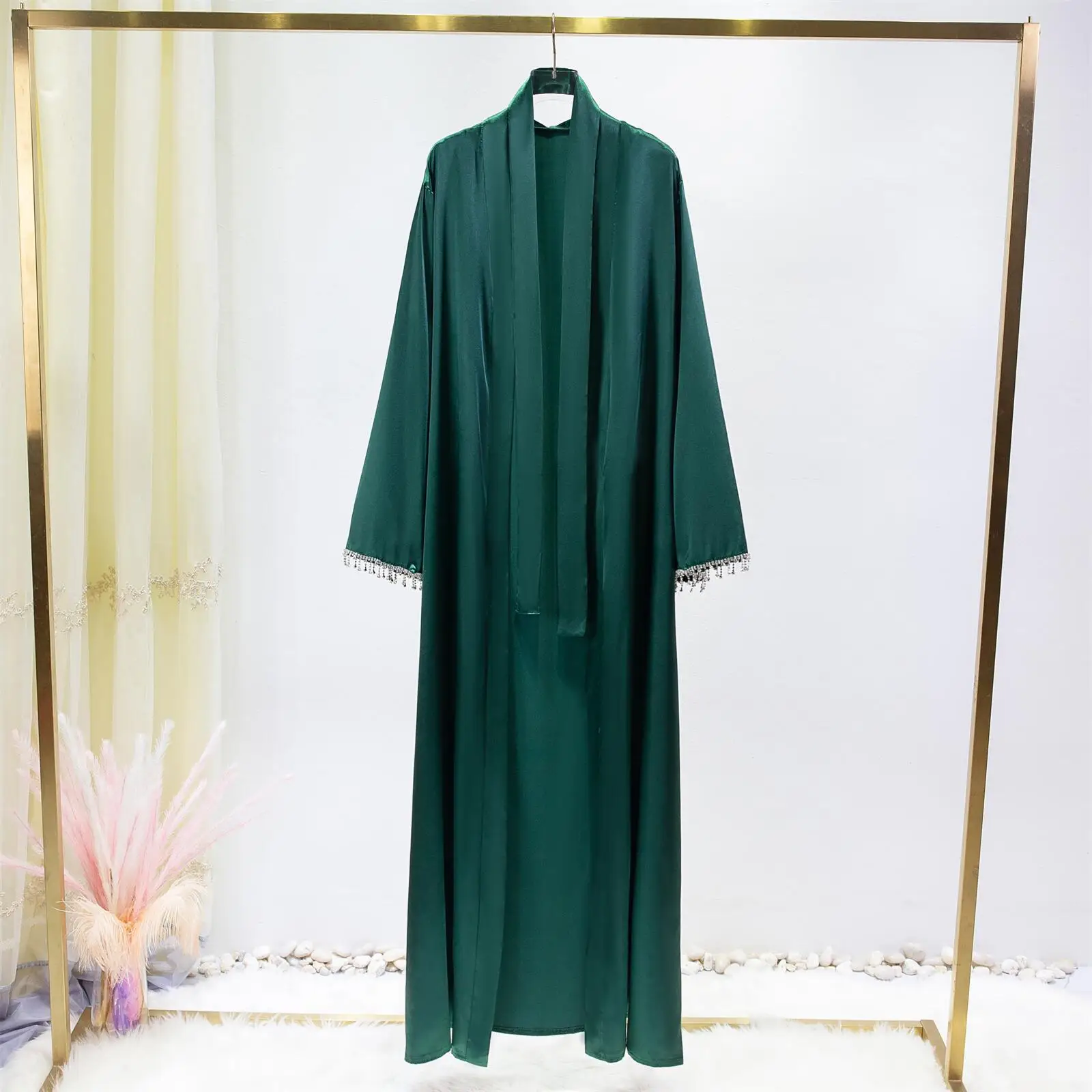 1pc Satin Long Robe Wrap With Delicate Crystal Decorated Sleeves, Enhancing Your Look And Perfect For Any Occasion