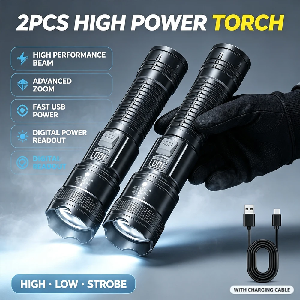 2000000LM Ultra-High Power Flashlight Digital Electronic Display Waterproof Torch Zoom Hand Light Outdoor Camping Lantern ﻿