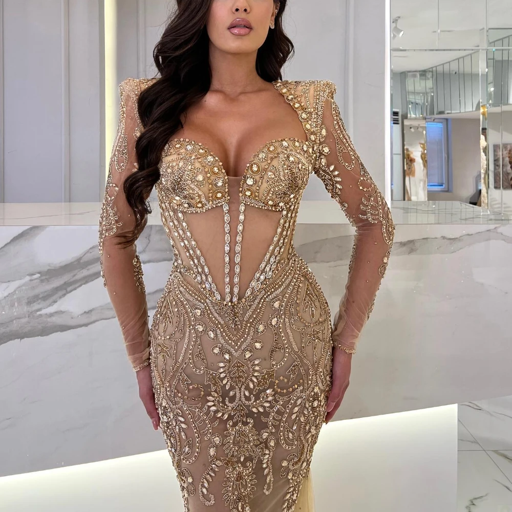 SILIWEYA Exquisite Mermaid Gold Evening Dress long sleeves Sweetheart Illusion Beading Prom Gowns Party Dresses Custom Made