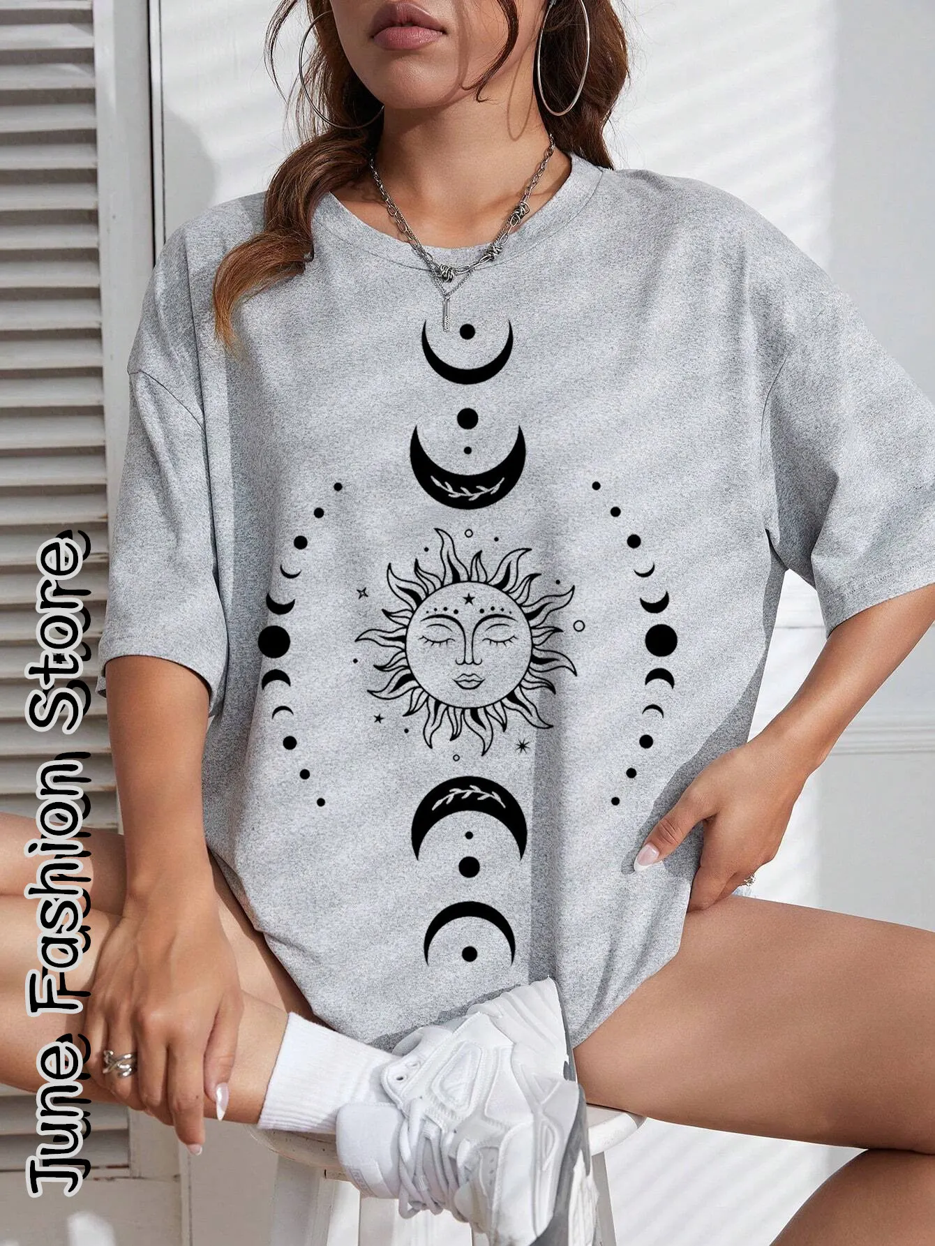 Summer Women Vintage Cotton T-Shirt Short Sleeve Clothing Female Cartoon Sun Moon Graphic Tops Tees Girls Casual Streetwear