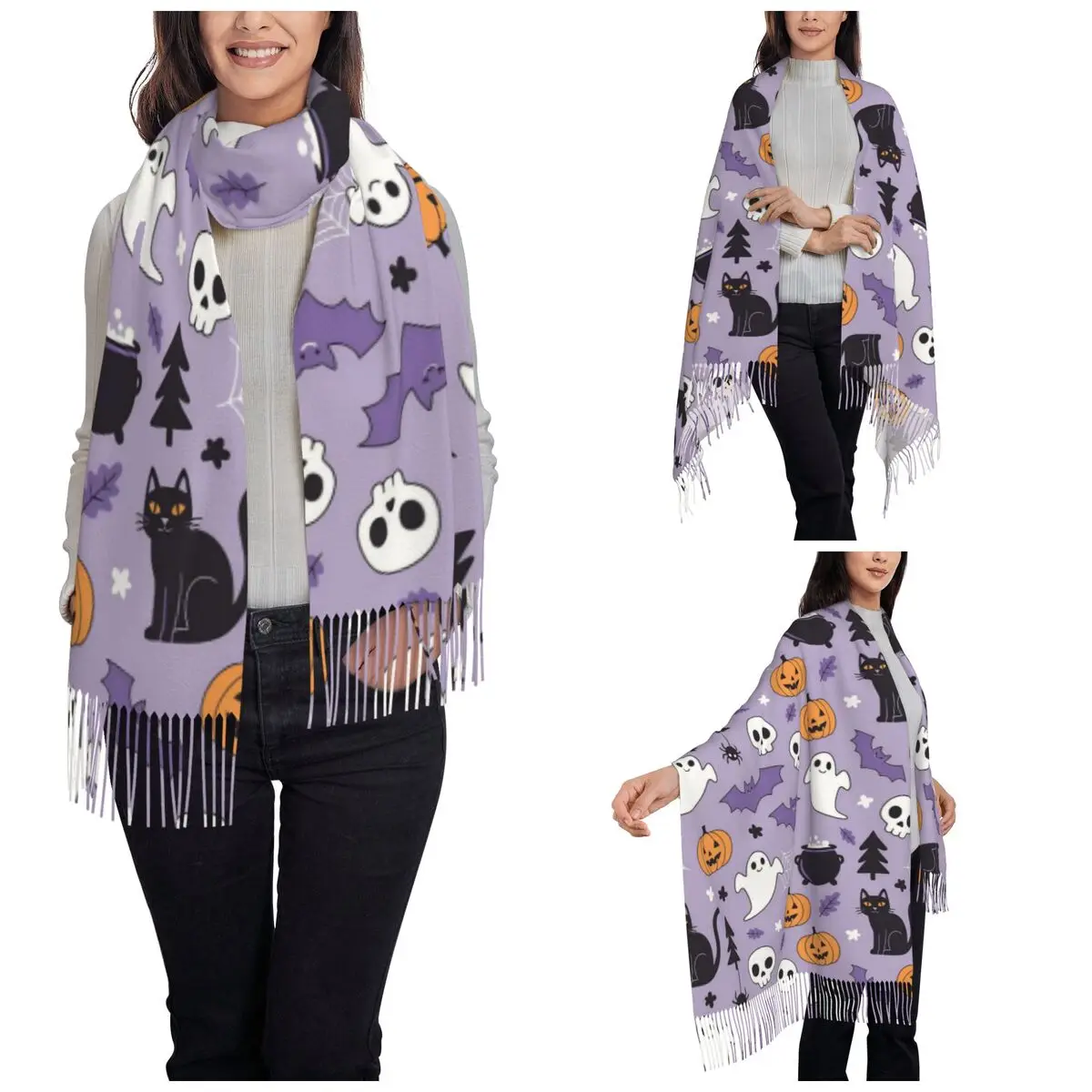 Halloween Scarf for Women Winter Fall Cashmere Shawls and Wrap Cartoon Cats Ghosts Single-sided Pattern Shawl Scarf Daily Wear