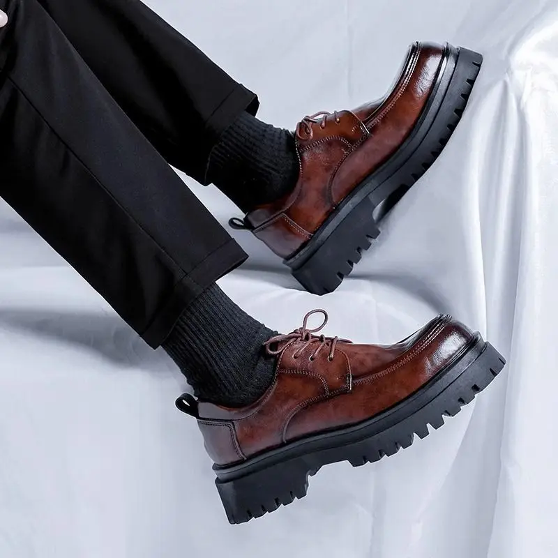 

2025 Big Toe Men Thick Sole Height Increase 5cm FBritish Style Formal Business High-End Feel Casual Derby Shoes