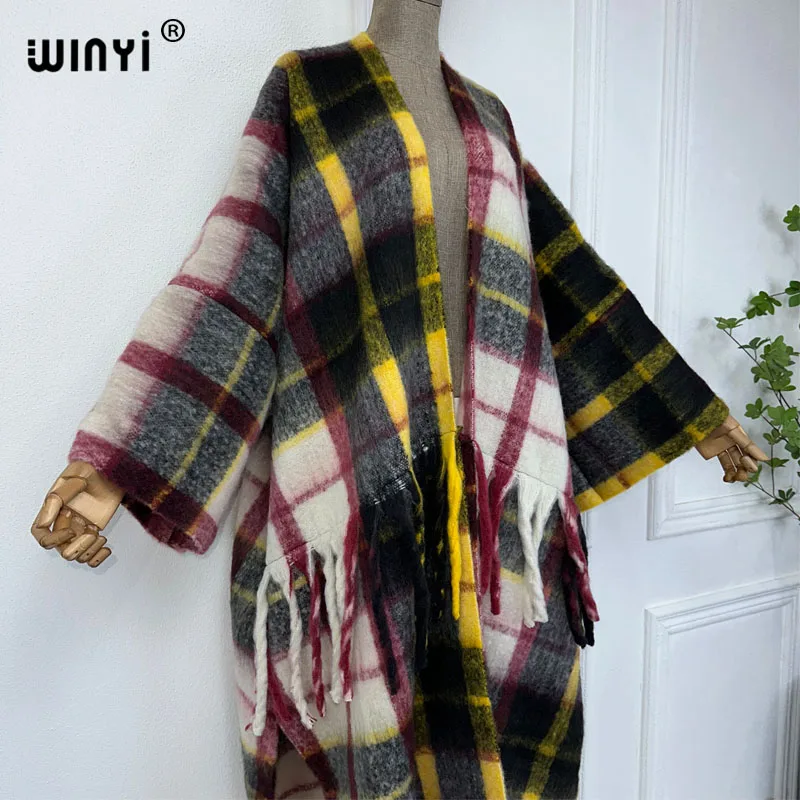 WINYI Plaid print Winter Women tassel Everyday personality Cardigan coat Loose dress robe longue Thick Warm Middle East Kaftan