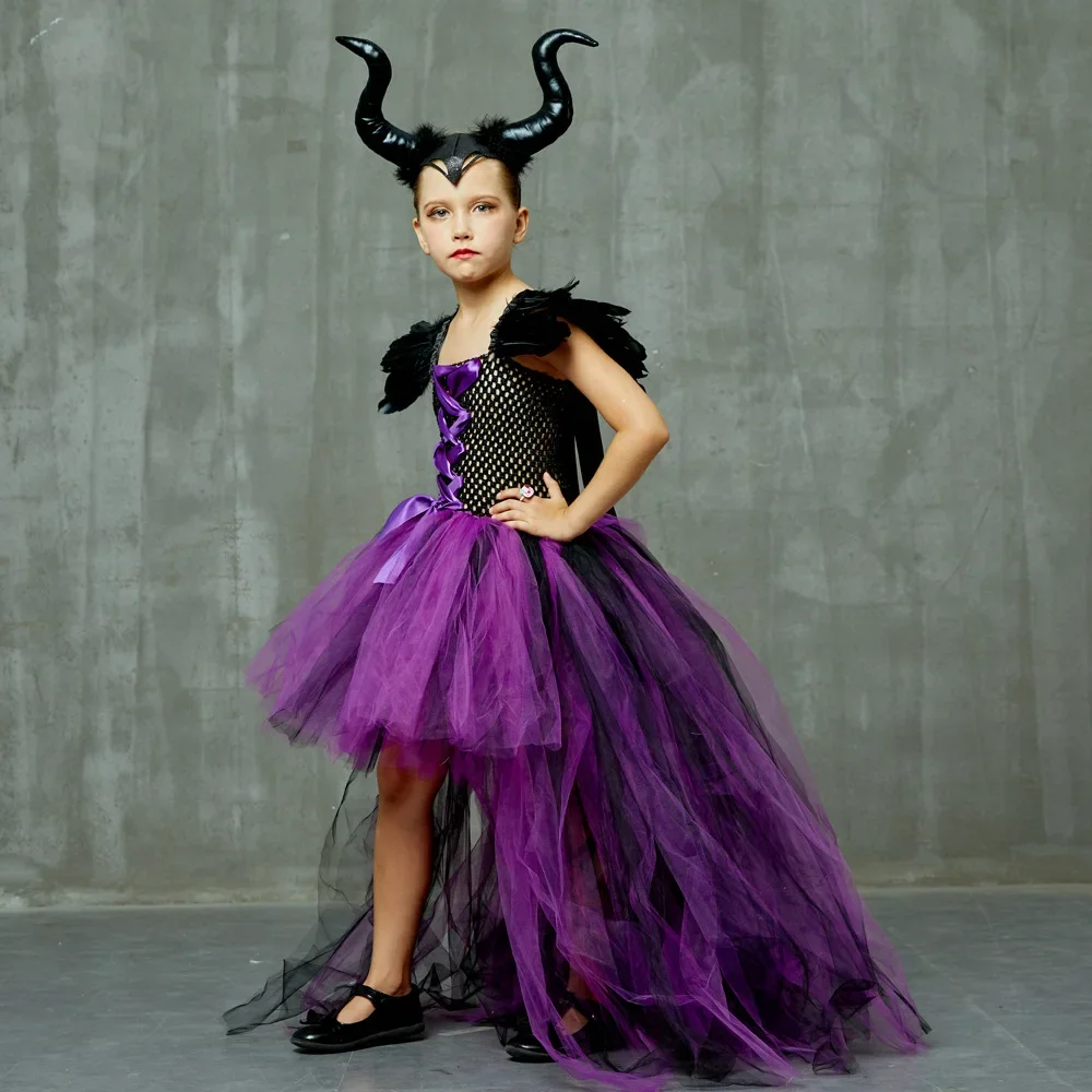 Kinder-Federkleid mit Schulterverzierungen, Gothisches Kleid für Mädchen, Lila-Schwarzes Netz-Tüllkleid für Halloween-Verkleidungspartys – Detail 6