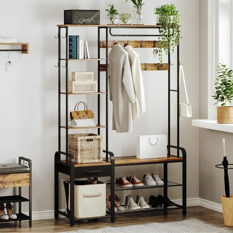 Coat rack with 3-tier storage bench and 1 drawer, 5-in-1 entry bench