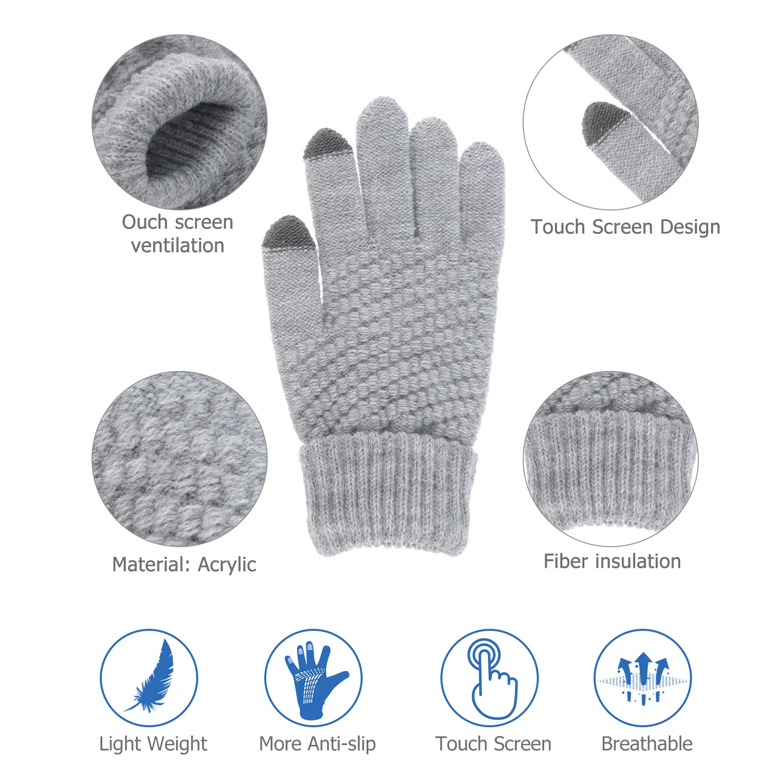 

Grey Woolen Yarn Touch Screen Gloves Pair for Smartphone Tablet Use Knitted Warm Winter Accessory with Conductive Fingertips