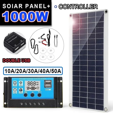 1000W Solar Panel 12V Solar Cell 10A-100A Controller Solar Plate Kit for Phone RV Car Caravan Home Camping Outdoor Battery