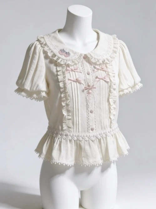 

2026 Fashion Casual Women Sweet Lolita Blouse Peter Pan Collar Lace Trim Puff Sleeve Bow Front Vintage Ruffle Party Cosplay Tops