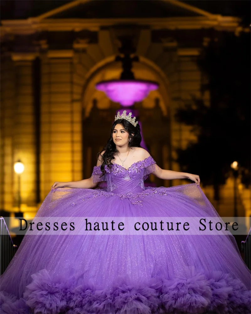 Gaun Tulle Quinceanera ungu Meksiko gaun bola applique ruffle 2025 gaun 16 "Manis disesuaikan vestidos de 15 quincea20era