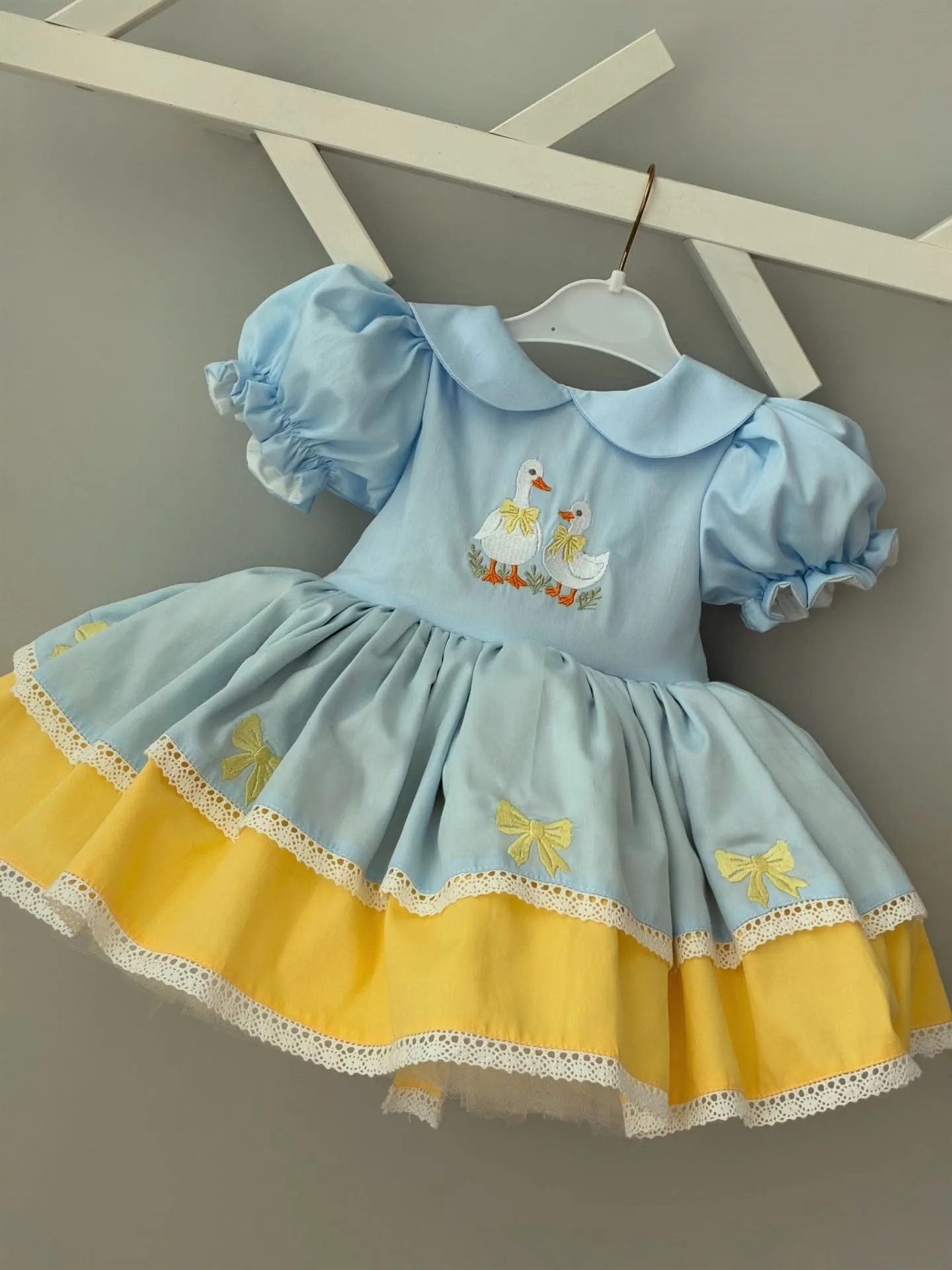 Summer Girl Cute Duck Bow Embroidered Lace Blue Yellow Dress For Casual Party Birthday Wedding Photography