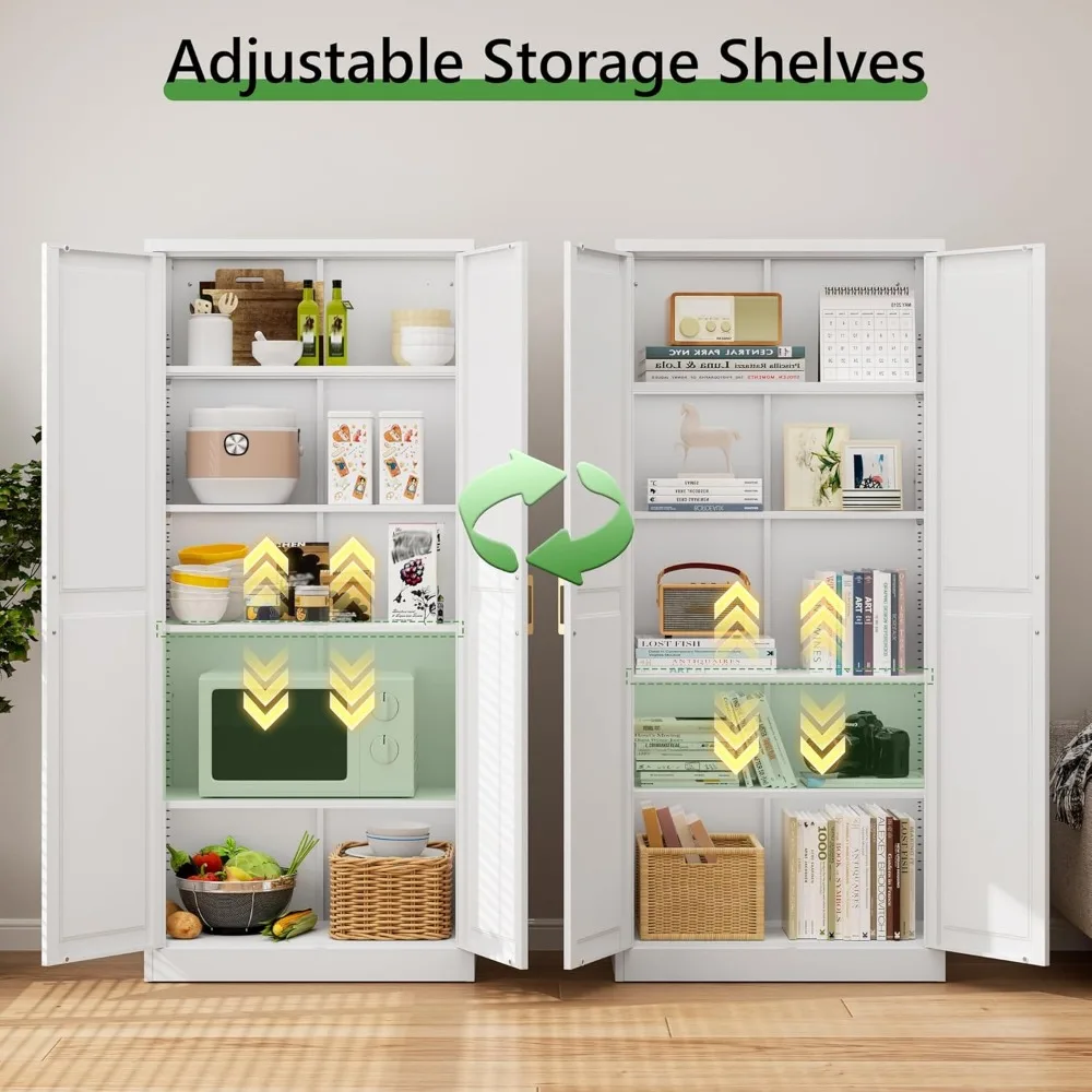 71 خزانة تخزين مخزن المطبخ، خزانة تخزين طويلة بيضاء مع أبواب ورفوف، خزائن مخزن طعام معدنية لمخزون المطبخ #5