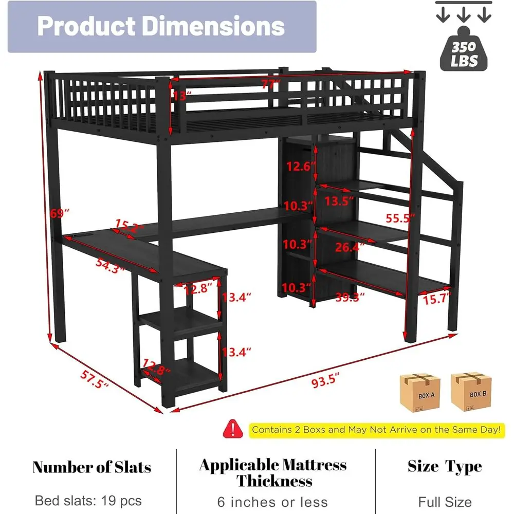 سرير علوي كامل معدني قوي مع مكتب، سلالم، خزانة ملابس، أرفف، أضواء LED، ومنافذ USB للأطفال والمراهقين والكبار باللون الأسود