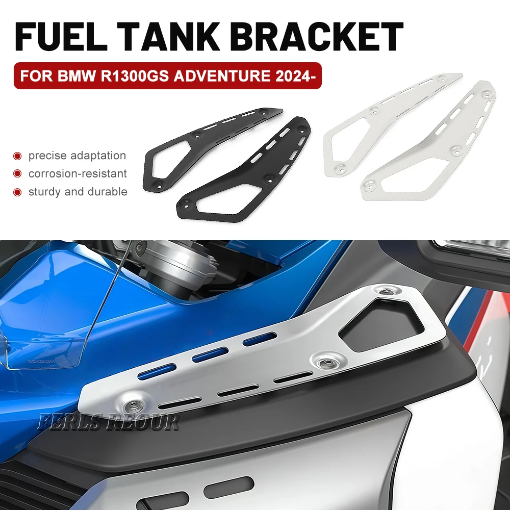 Side fuel tank bracket for BMW R 1300 GS Adventure 2024/2025 motorcycles, made of aluminum alloy, available in black and silver.