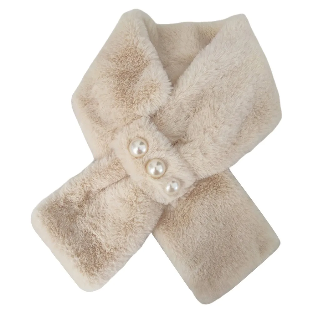 

Soft Solid Color Plush Cross Scarf Winter Warmer Imitation Pearl Faux Rabbit Fur Scarf Comfortable Neck Warmer Outdoor