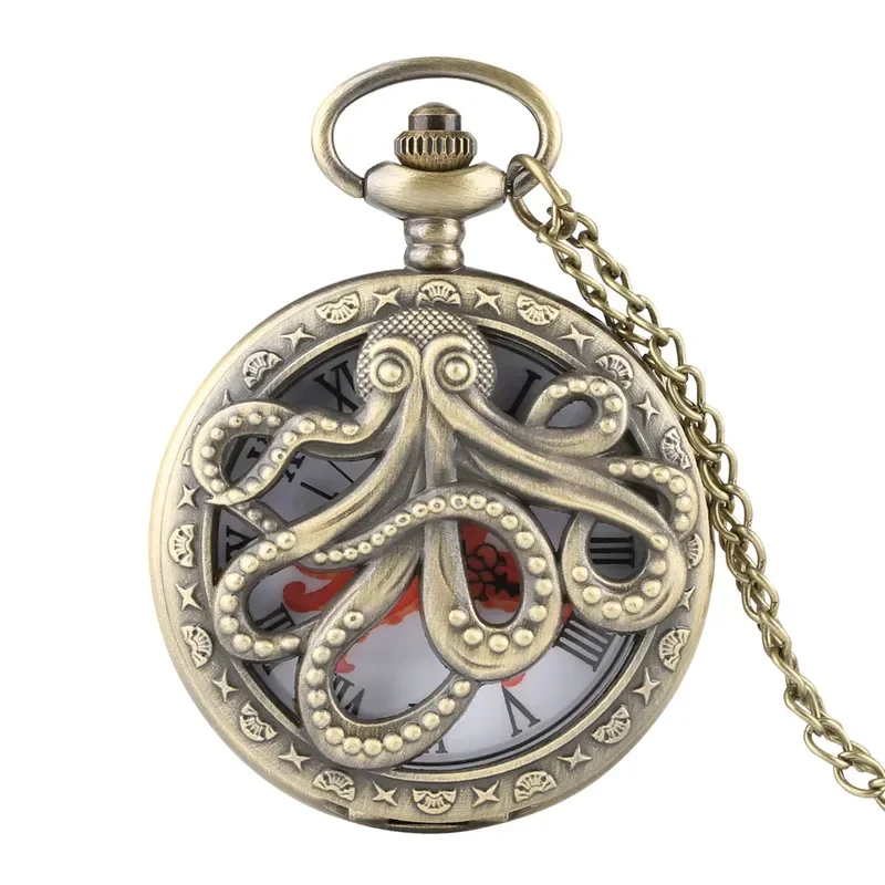 Classic Bronze Octopus Half Hunter Pocket Watch Men Women Quartz Hollow Clock Necklace Pendant Chain Roman Number Display Gift