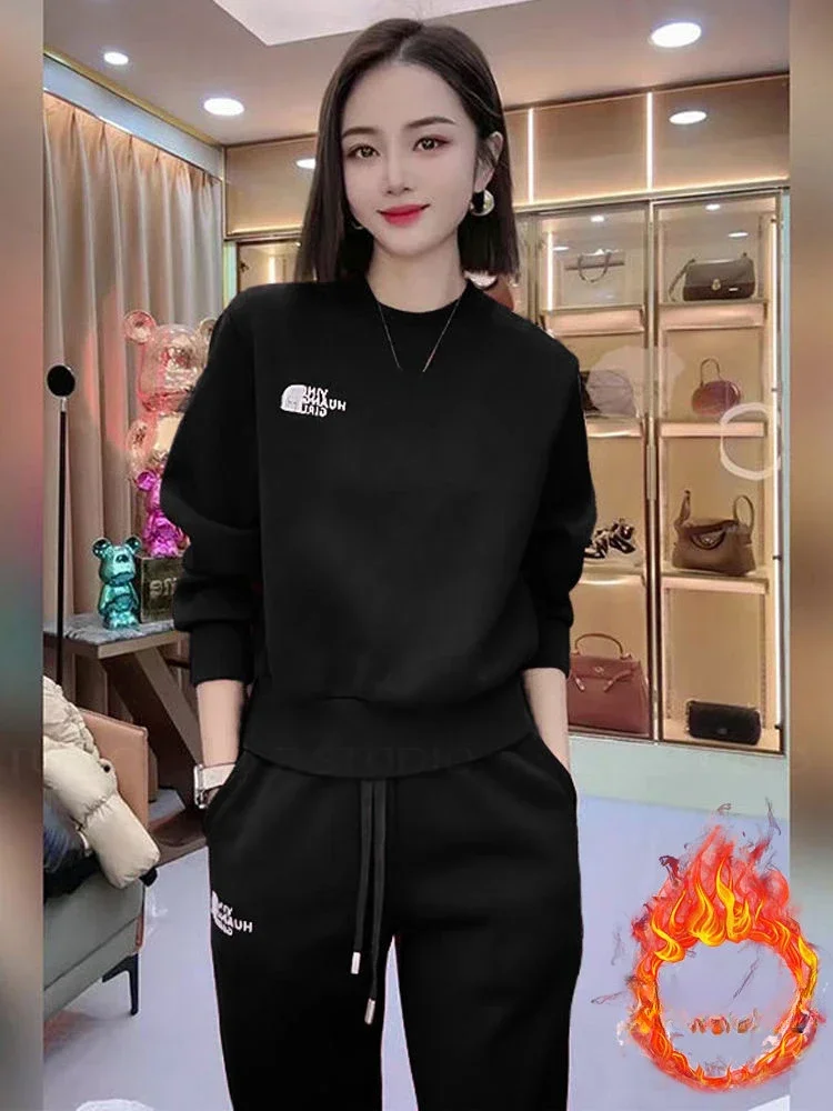

Two Piece Sets Womens Outifits High-end European Leisure Sports Suit for Women Autumn Style of Red Hoodie with Fleece Thickened